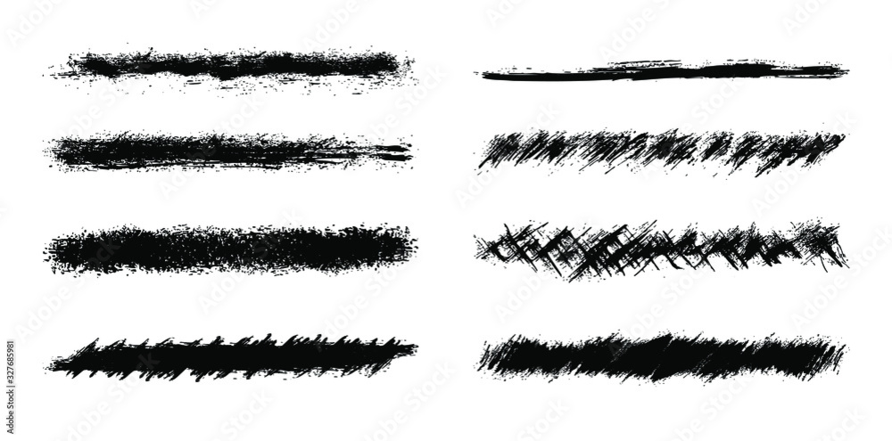Set of eight black vector grunge ink brush strokes for your design.