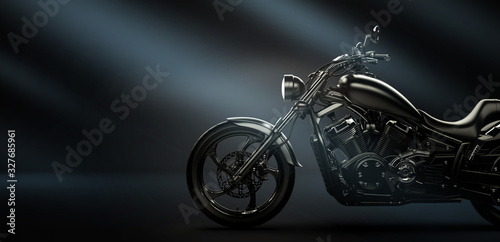 Classic black motorcycle on a dark background, side view (3D illustration)