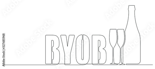 BYOB  bring your own bottle one continuous line drawing style illustration for your design.