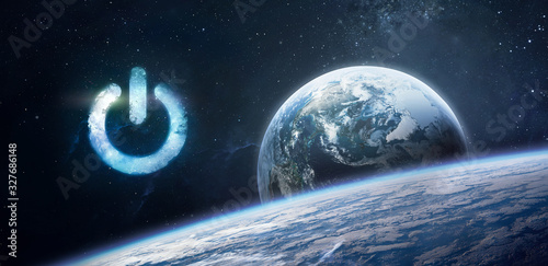 Fototapeta Naklejka Na Ścianę i Meble -  Planet Earth and energy power button. Earth hour event. Ecology. Protection of environment. Elements of this image furnished by NASA	