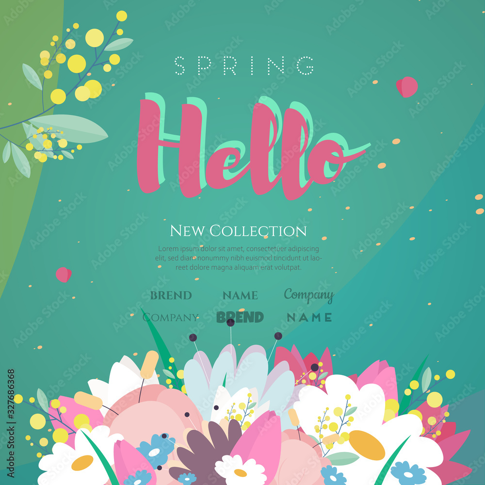 Hello spring banner with beautiful flowers for banner, brochure, invitation, flyer, postcard. Vector illustration suitable for promotions, website, advertising.