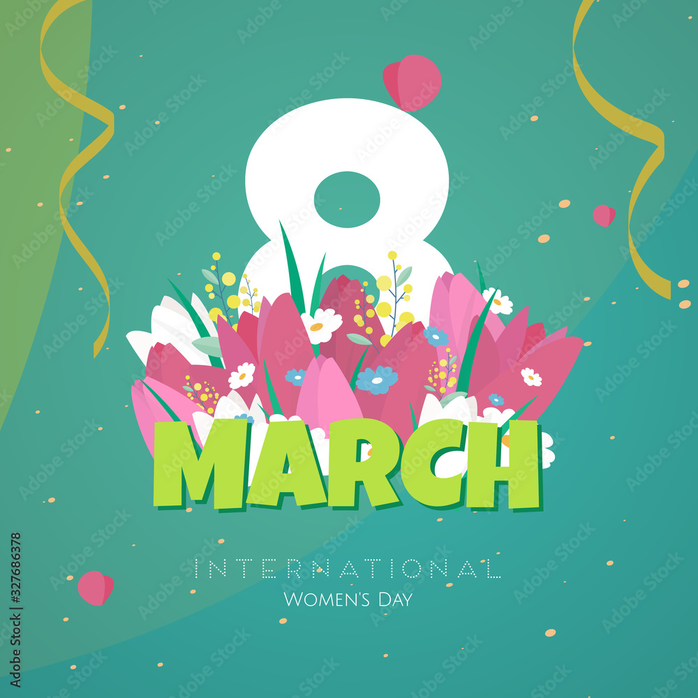 Fototapeta premium International Women's Day. Vector illustration with tulips on a green background for banner, brochure, invitation, flyer, postcard, website. Design template