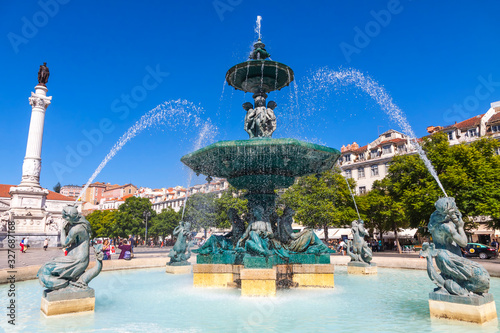 Baroque fountain on Rossio square in Lisbon city, Portugal