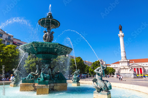 Baroque fountain on Rossio square in Lisbon city, Portugal