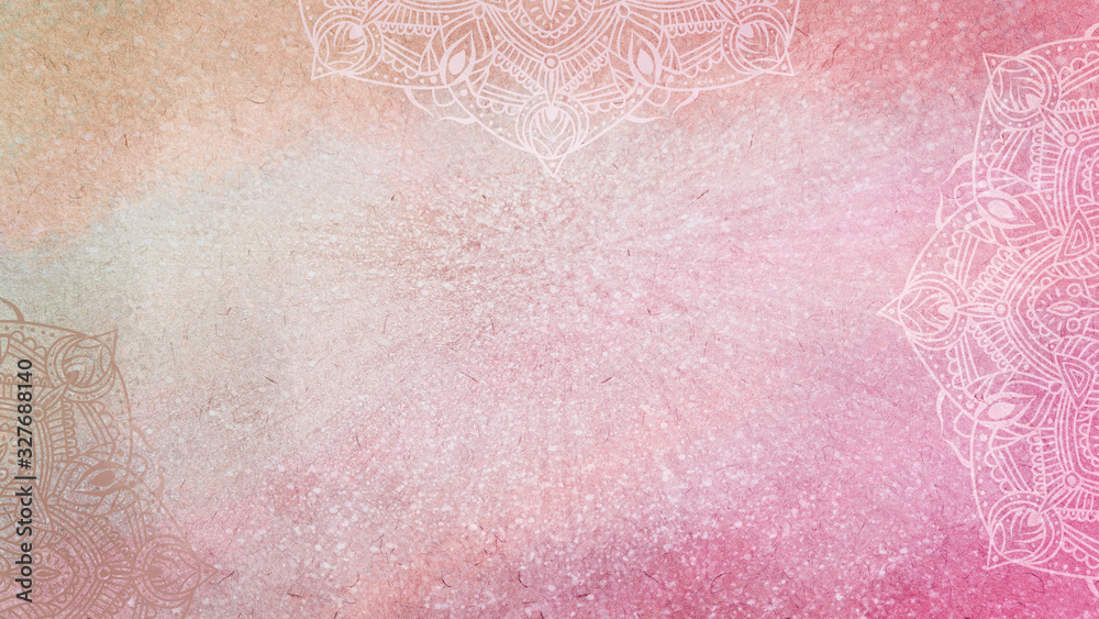 Fototapeta premium Soft rose pink and coral textured glitter and watercolor background with mandalas