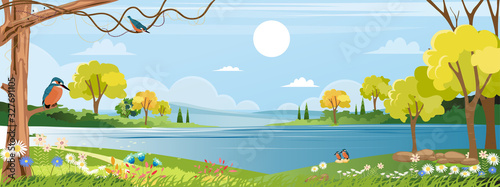 Panorama of spring village with Kingfisher bird standing on branches tree and wild flowers next to river, Vector Summer or Spring landscape, Panoramic countryside landscape grass field