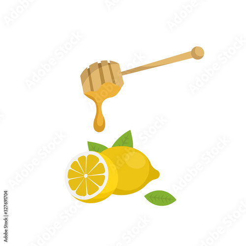Honey dripping from honey stick on a lemon. Vector illustration isolated on white background