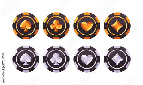 Set of gold and silver poker chips. Casino flat illustration