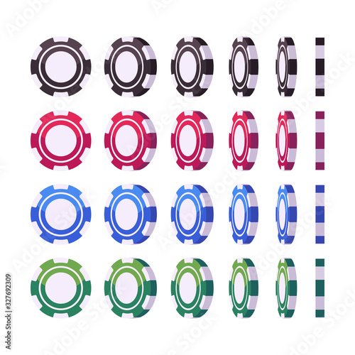 Set of blank poker chips at different angles. Casino flat illustration