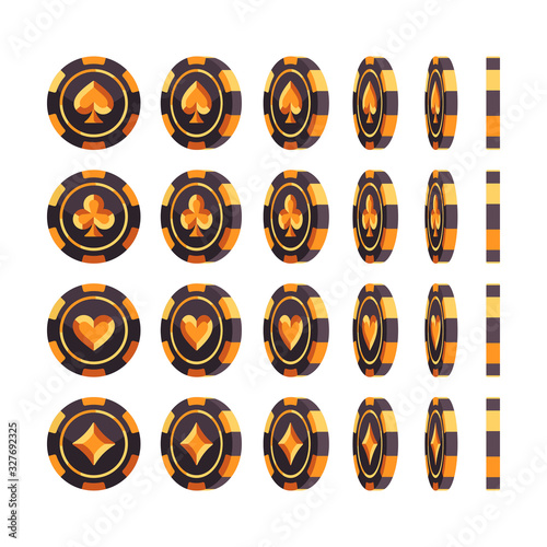 Set of black and gold poker chips at different angles. Casino flat illustration