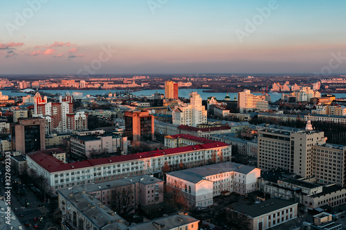 Aerial view of Voronezh downtown in the evening, close up