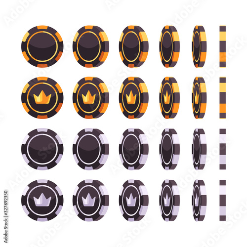 Set of gold and silver poker chips at different angles. Casino flat illustration
