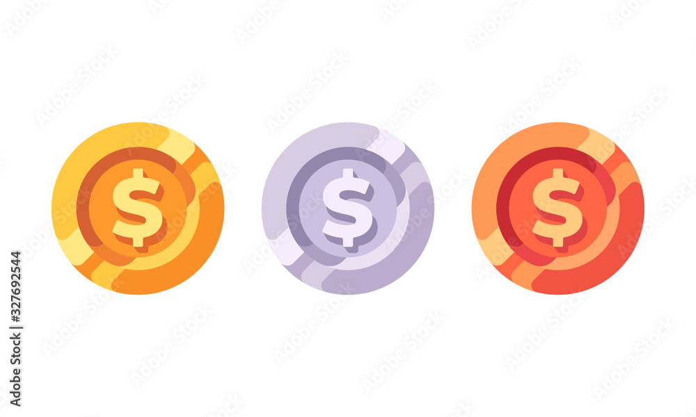 Gold, silver and bronze coins with dollar symbol, Rank medal flat icons Gold, silver and bronze coins with dollar symbol, Rank medal flat icons
