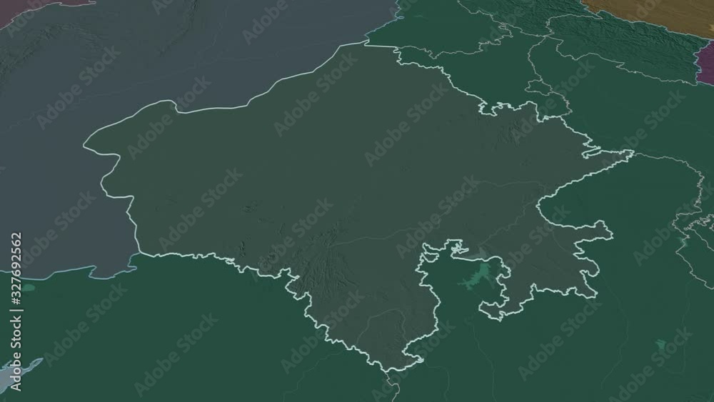 Rajasthan, state with its capital, zoomed and extruded on the administrative map of India in the conformal Stereographic projection. Animation 3D