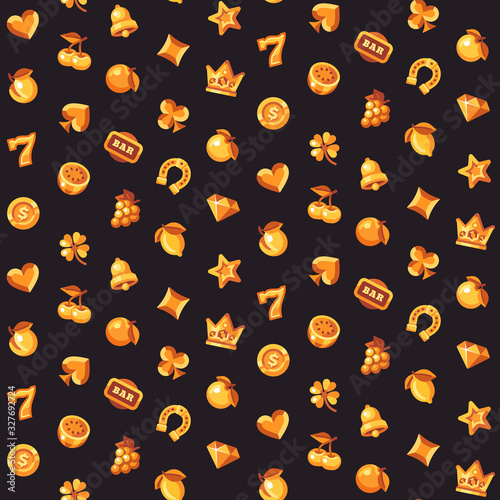 Classic gold slot machine symbol seamless pattern. Casino flat icons background