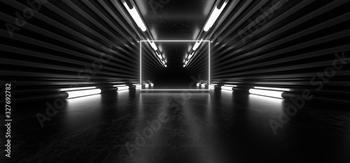 Dark corridor with bright colored neon lights on a black background. 3d rendering image. © Andrey Shtepa