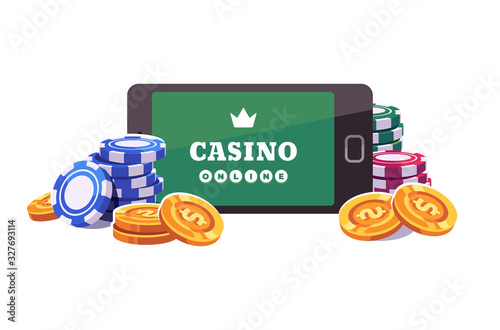 Smartphone with poker chips and coins. Online slot game flat illustration