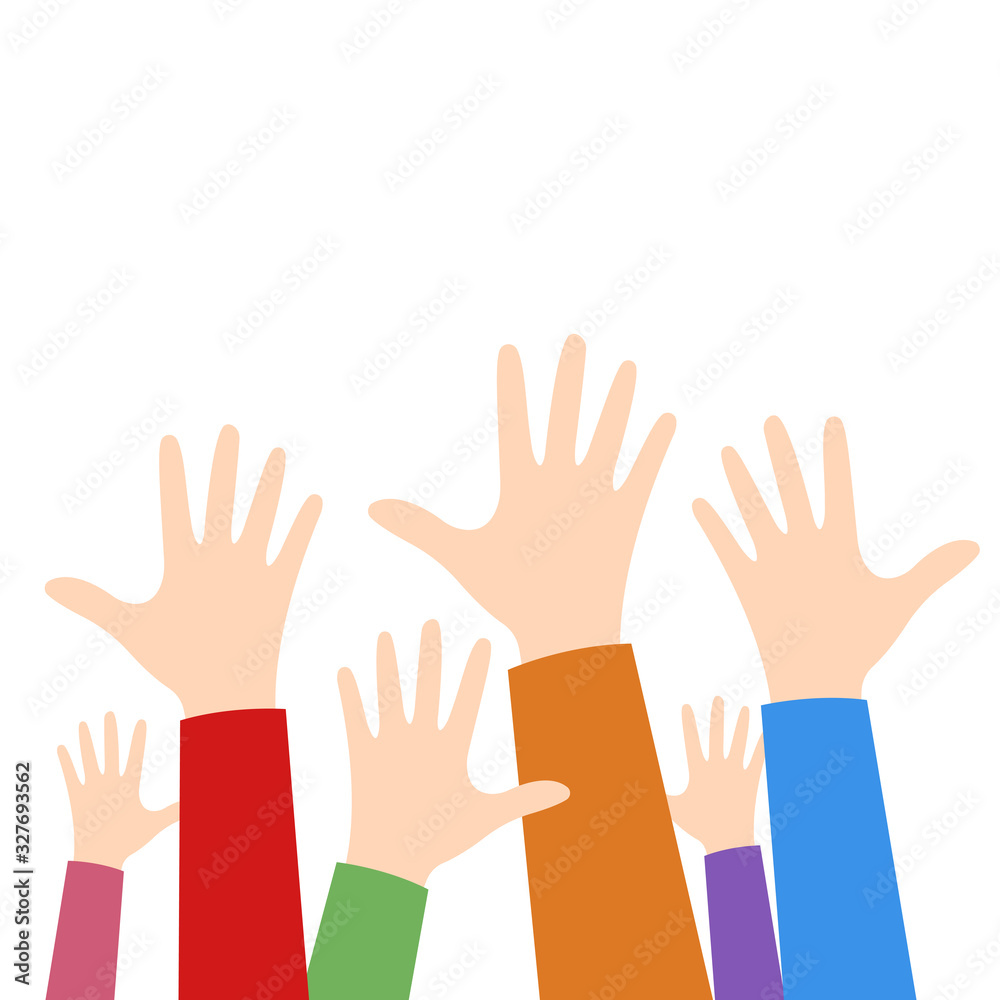 Set of hands isolated on white background. Voting gesture, volunteer concept, raised hands. Vector illustration