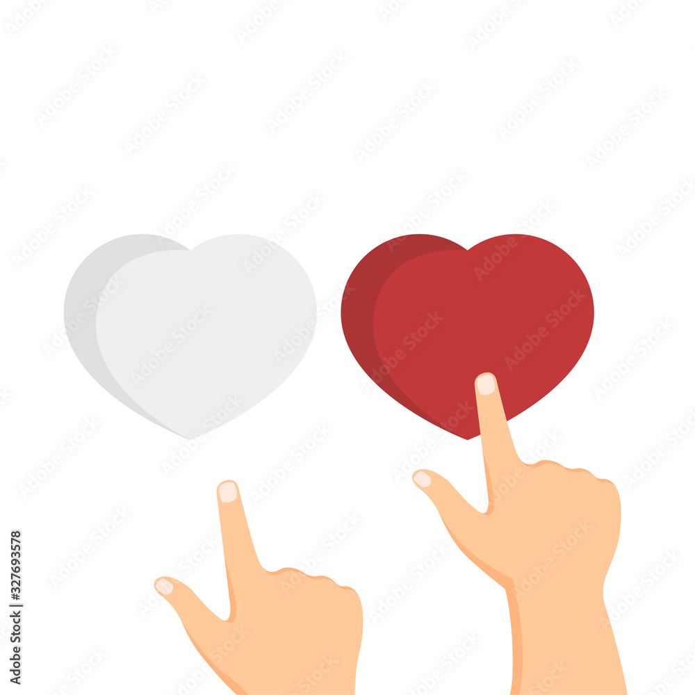 Red and white hearts isolated on white background. Finger clicks on heart. Social media notification, feedback sign. Vector illustration Red and white hearts isolated on white background. Finger clicks on heart. Social media notification, feedback sign. Vector illustration