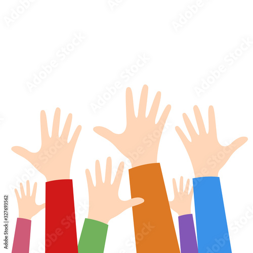Set of hands isolated on white background. Voting gesture, volunteer concept, raised hands. Vector illustration