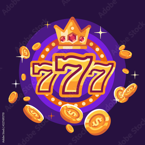 777 casino win illustration with flying gold coins on purple background