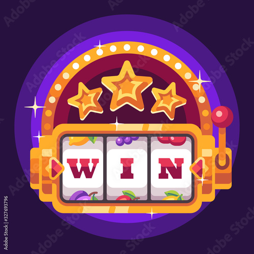 Slot machine with the word WIN and golden stars. Casino flat illustration