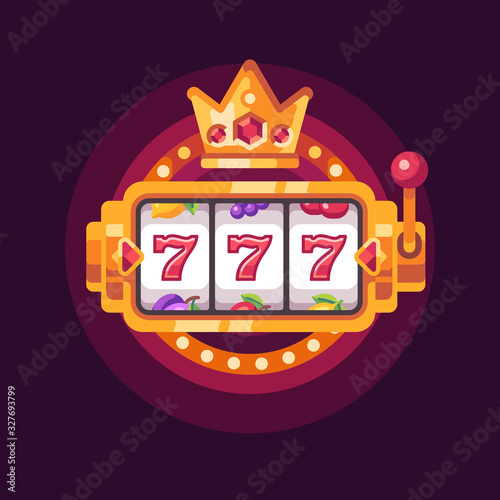 Slot machine with a golden crown. Casino 777 win flat illustration