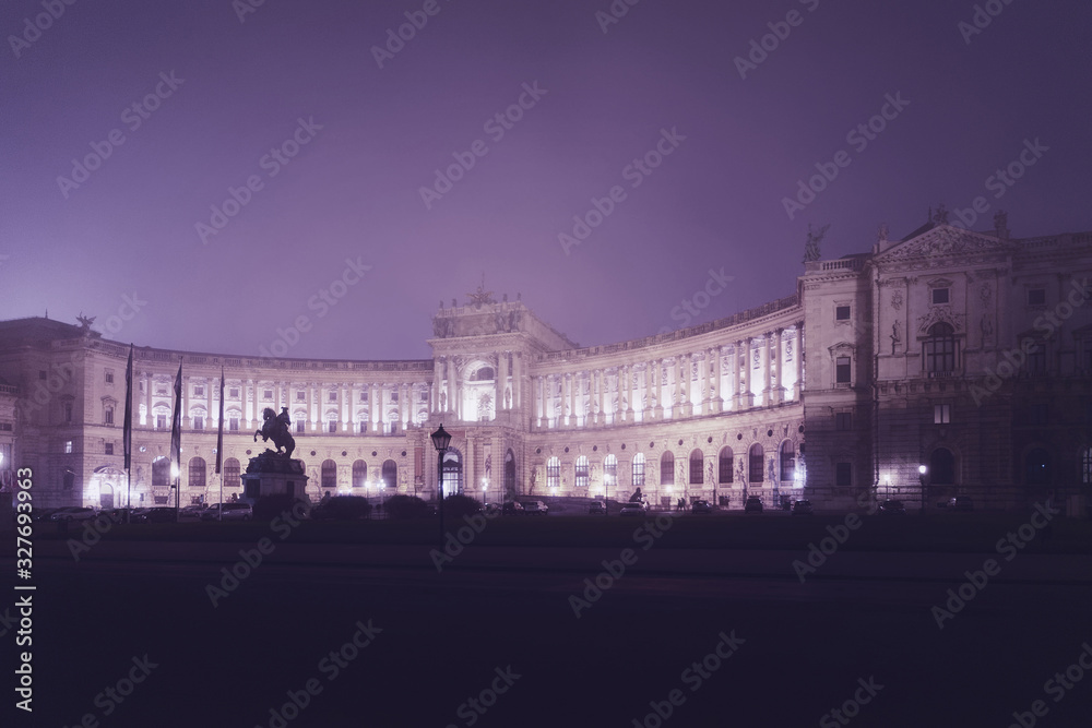 Hofburg Palace in Vienna Austria fog night