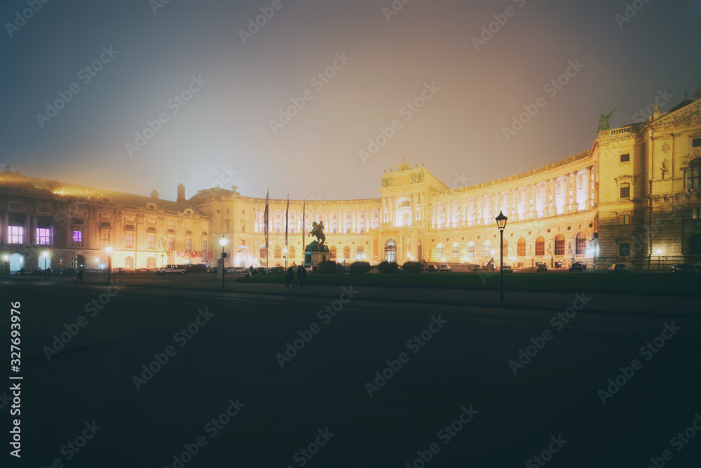 Hofburg Palace in Vienna Austria during mist night