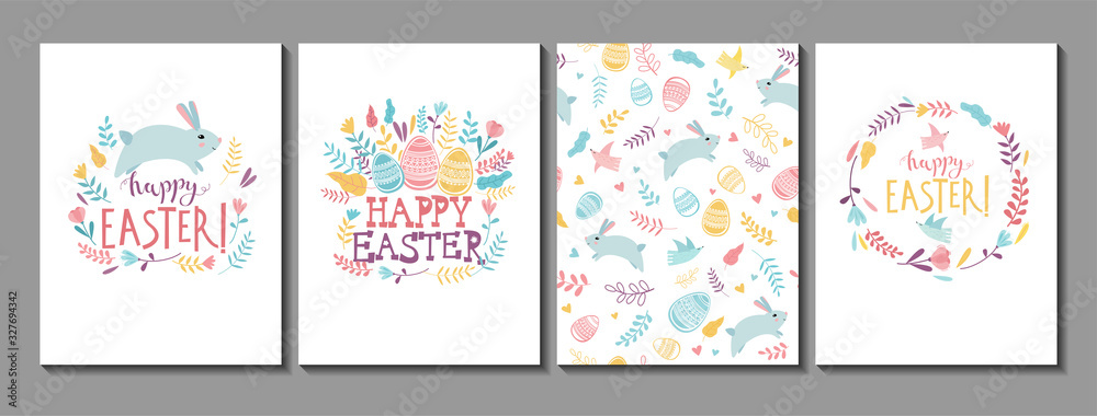 Set of greeting cards with Happy Easter handwritten typography, cute cartoon bunny rabbit, colorful eggs and spring flowers