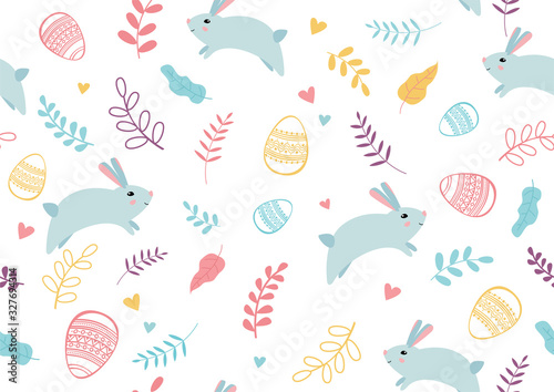 Seamless Easter pattern with cute cartoon bunny rabbit, colorful eggs and spr...