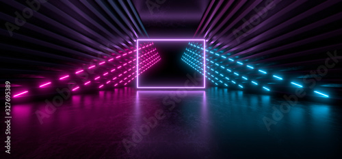 Dark corridor with bright colored neon lights on a black background. 3d rendering image.