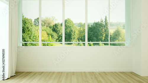 Empty room and forest view for residential business. Relax area in empty room and meadow view .Interior simple design. 3D Rendering. © CHOTi