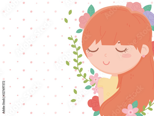 young woman flowers decoration border dots background cartoon