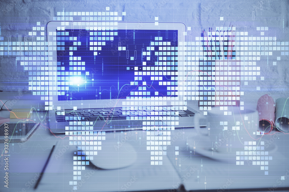 Multi exposure of business theme icons and work space with computer background. Concept of success. Multi exposure of business theme icons and work space with computer background. Concept of success.