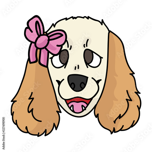 Cute cartoon cocker spaniel puppy with girly bow dog face vector clipart. Pedigree kennel dog lovers. Purebred domestic puppy for pet parlor illustration mascot. Isolated canine English breed. 