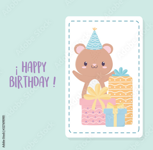 happy birthday little bear party hat and gift boxes celebration decoration card