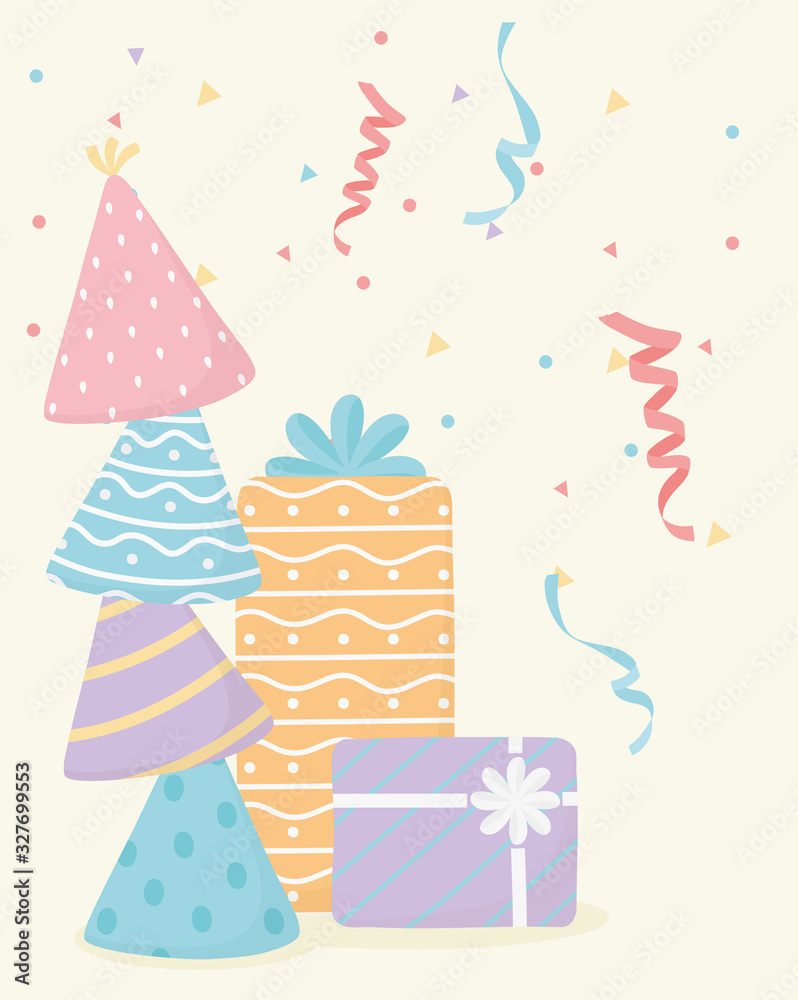 happy birthday party hats gifts celebration decoration card happy birthday party hats gifts celebration decoration card