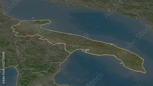 Apulia, region with its capital, zoomed and extruded on the satellite map of Italy in the conformal Stereographic projection. Animation 3D