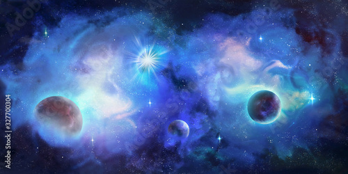 Artistic 3d illustration of a colorful galaxy with multiple planets