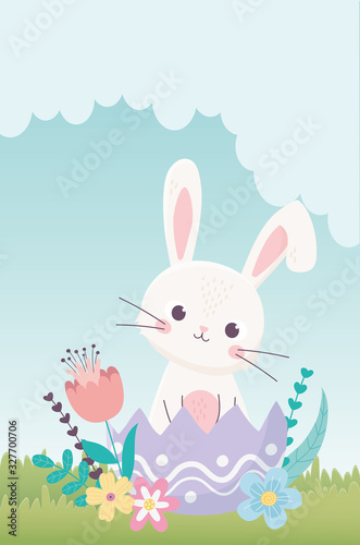 happy easter day, rabbit in eggshell flowers leaves decoration