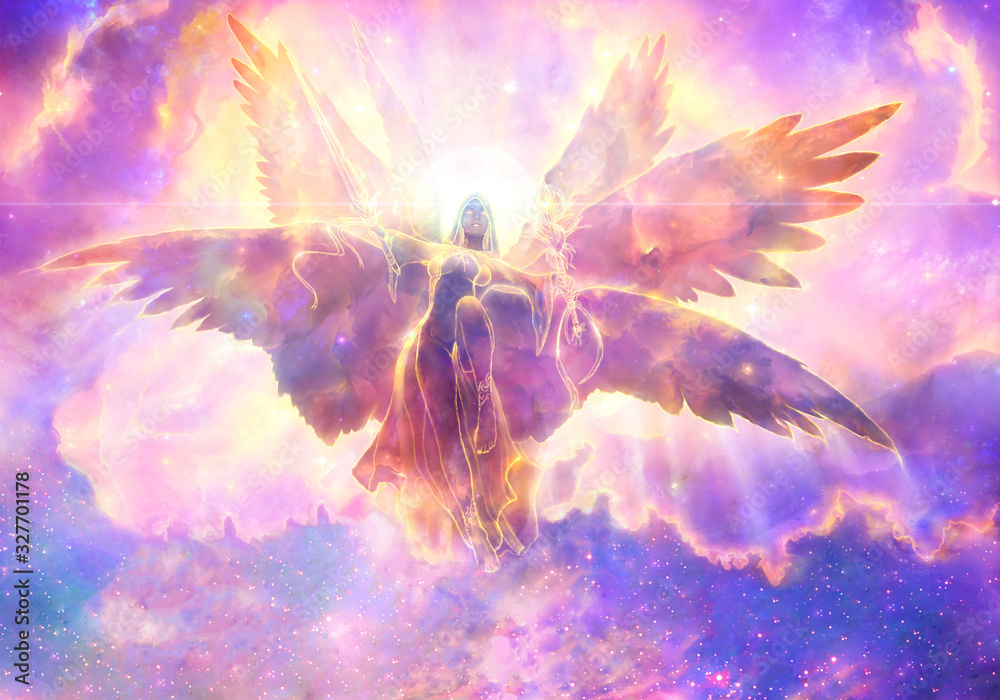 Abstract 3d rendering illustration of an powerful angel with wings flying over to heaven - obrazy, fototapety, plakaty 