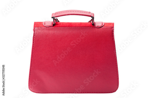 femle handbag in red leather and suede, isolated object back view on a white background.