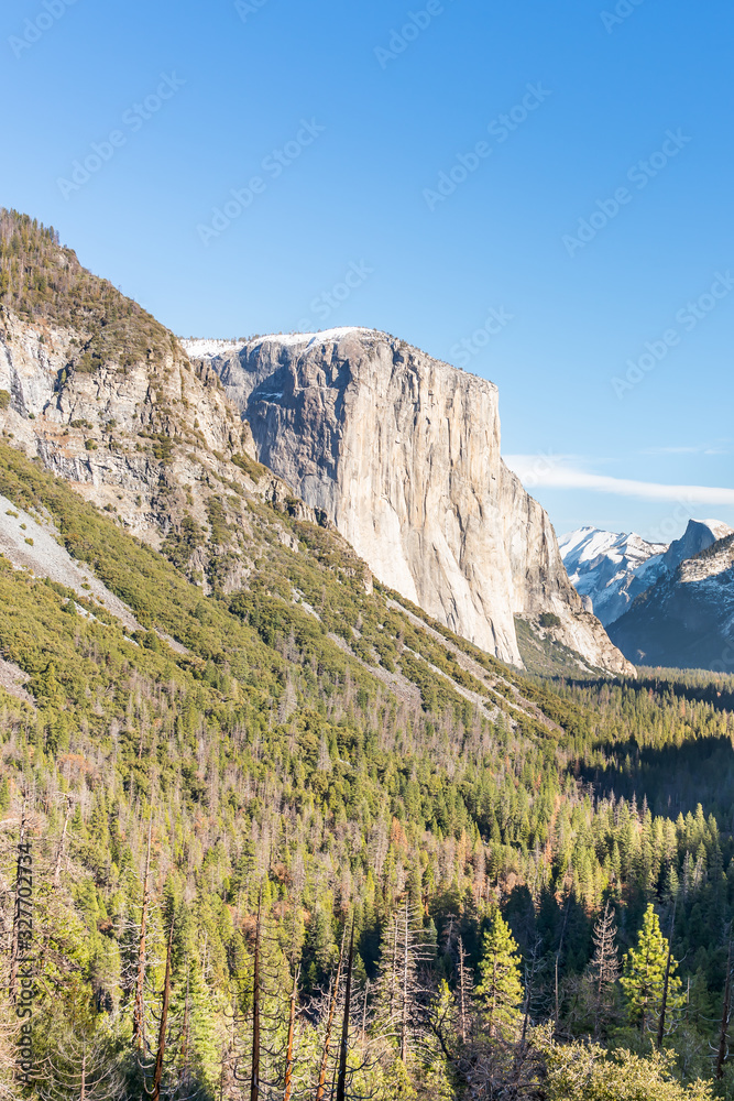 Yosemite National Park Valley, El Capitan from Tunnel View, Winter Season, Mariposa County, Western Sierra Nevada mountains, California, United States of America.