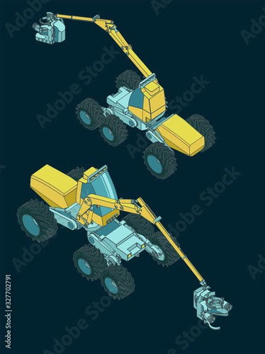 Forest harvester machine isometric view