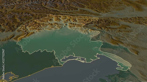 Friuli-Venezia Giulia, autonomous region with its capital, zoomed and extruded on the relief map of Italy in the conformal Stereographic projection. Animation 3D