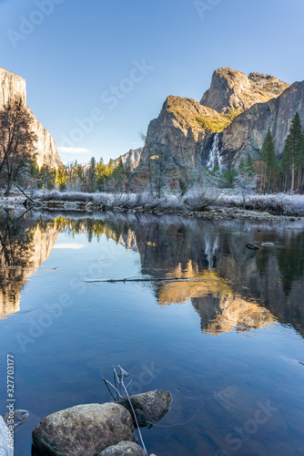 Beautiful view of Yosemite Winter Wonderland from the Valley with snow, Mountains and beautiful trees at Yosemite National Park, California, United States of America.