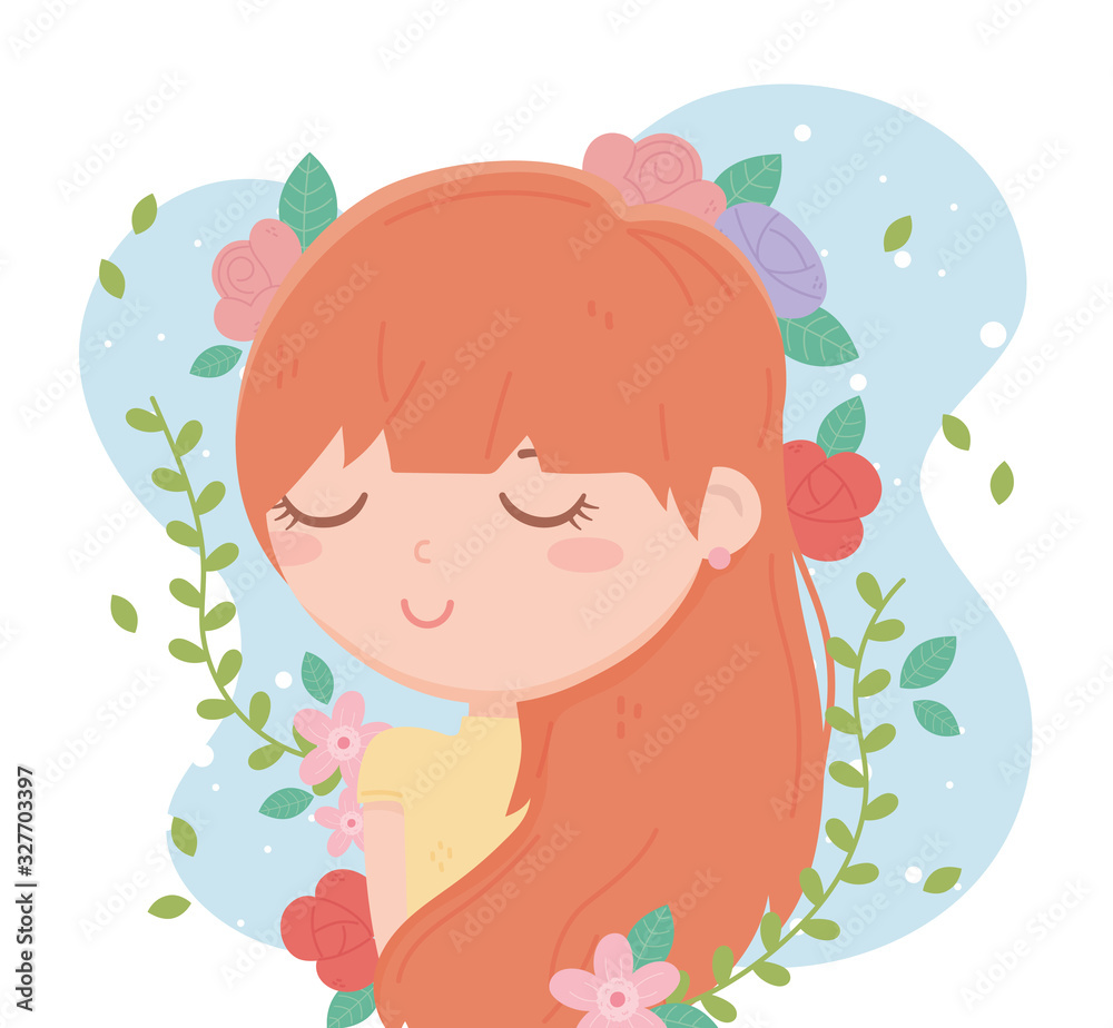 young woman flowers decoration blue background cartoon