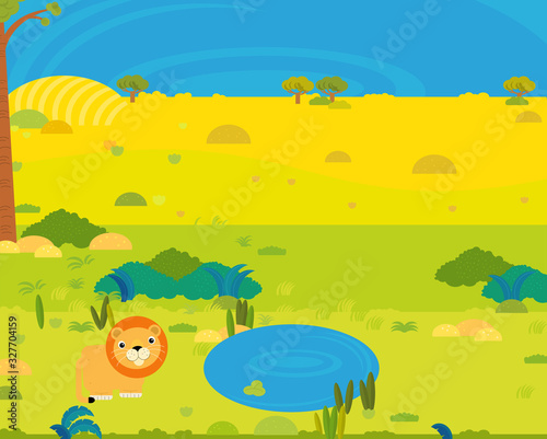 cartoon africa safari scene with cute wild animal by the pond illustration