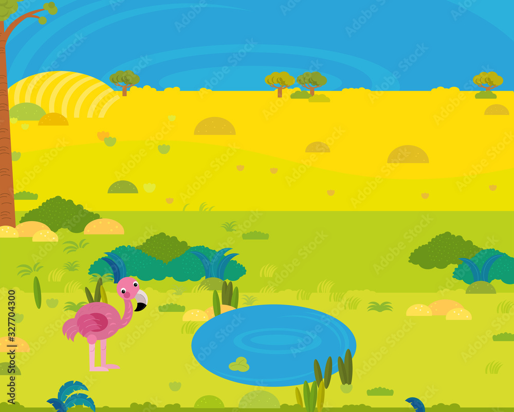 Obraz premium cartoon africa safari scene with cute wild animal by the pond illustration